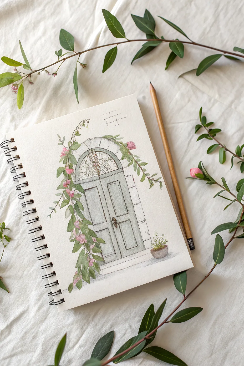 Simple arched doorway sketch with watercolor vines and tiny blooms, minimalist boho calm