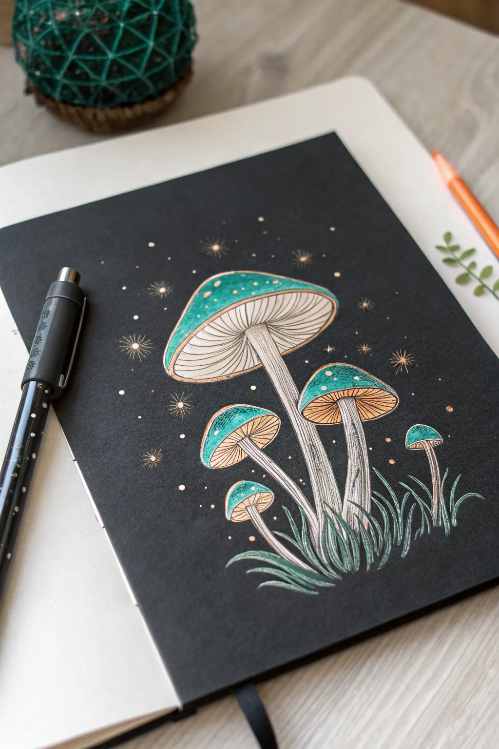 Glowing marker mushrooms on dark paper, dramatic halo glow and minimalist Nordic mood