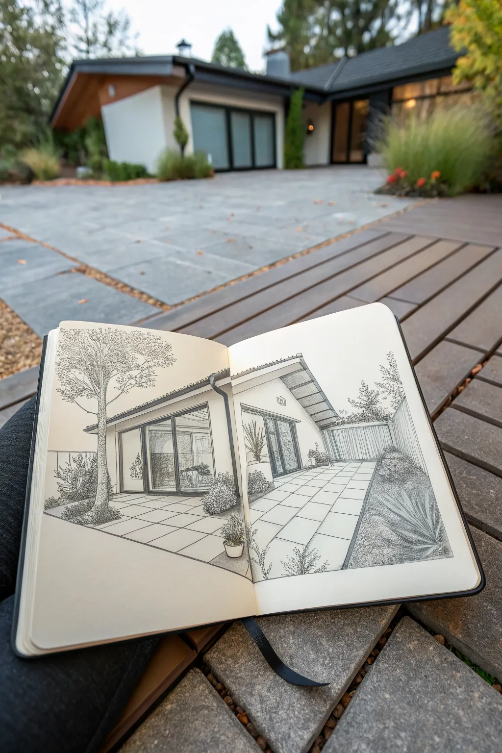 L-shaped modern house sketch wrapping a serene courtyard, clean lines with a soft boho touch.