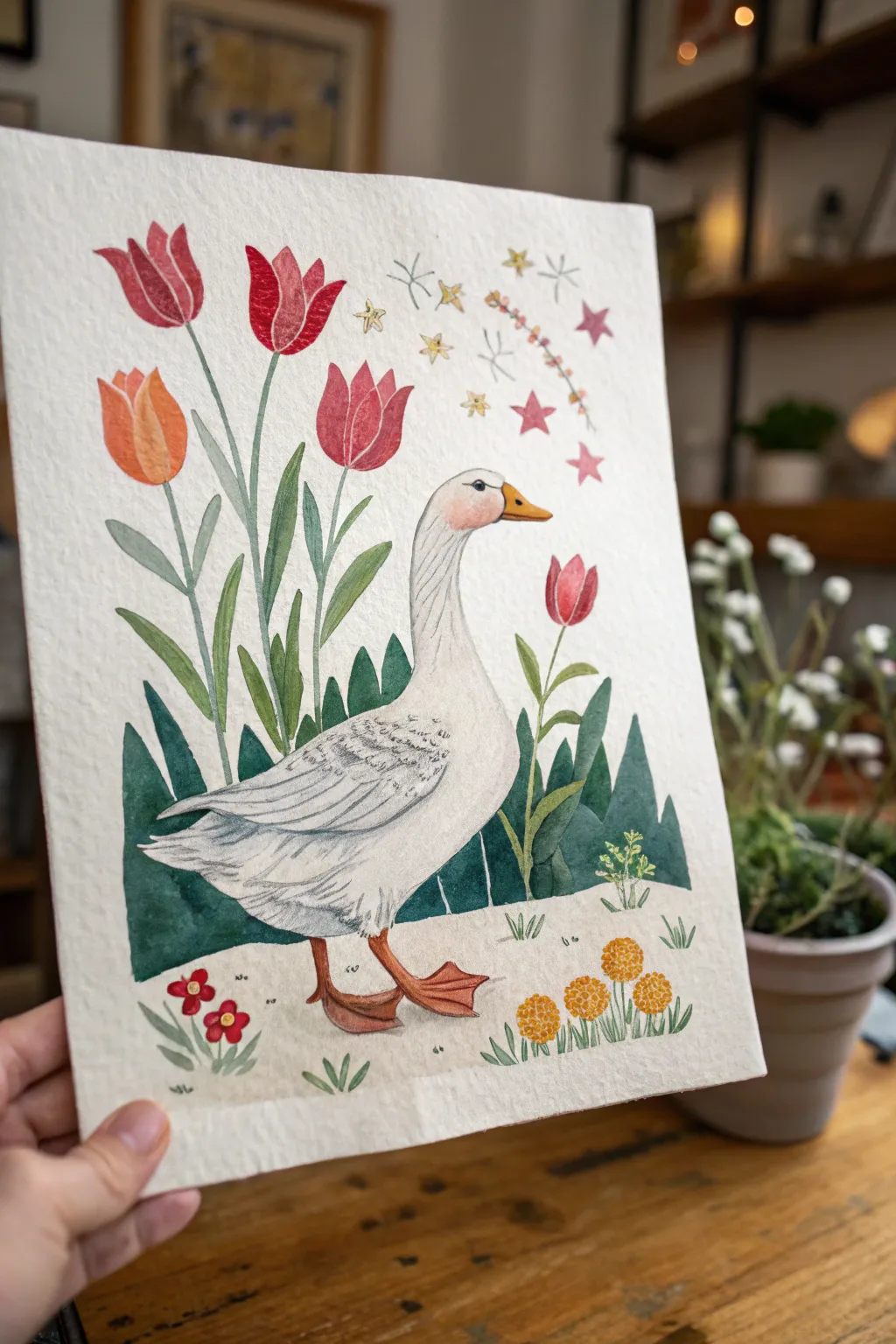 Garden duck among tulips and layered leaves, minimalist Scandinavian palette with a boho touch.