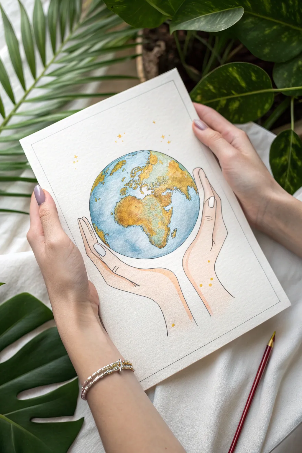 Soft hands cradle a glowing Earth, a minimalist painting idea that celebrates caring for our planet.