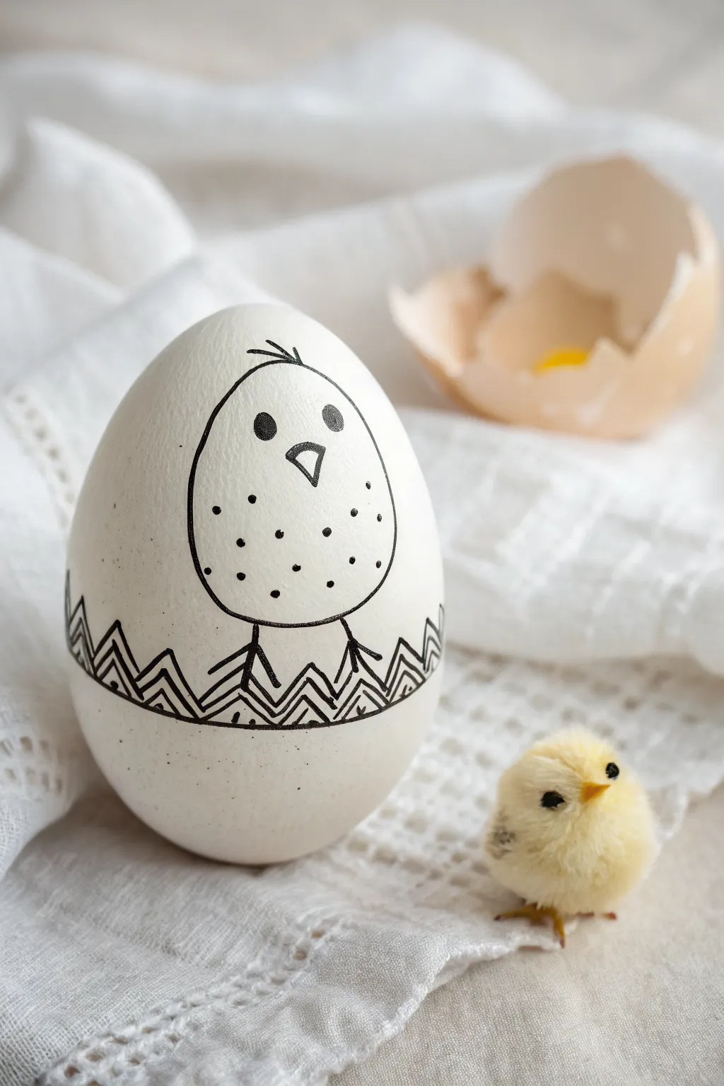 Chick peekaboo Easter egg drawing with a cracked shell window, minimal and sweet for easy sketching.