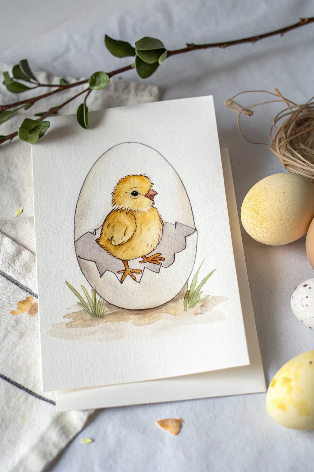 Soft watercolor chick peeking from an eggshell, minimalist Scandinavian Easter painting inspiration