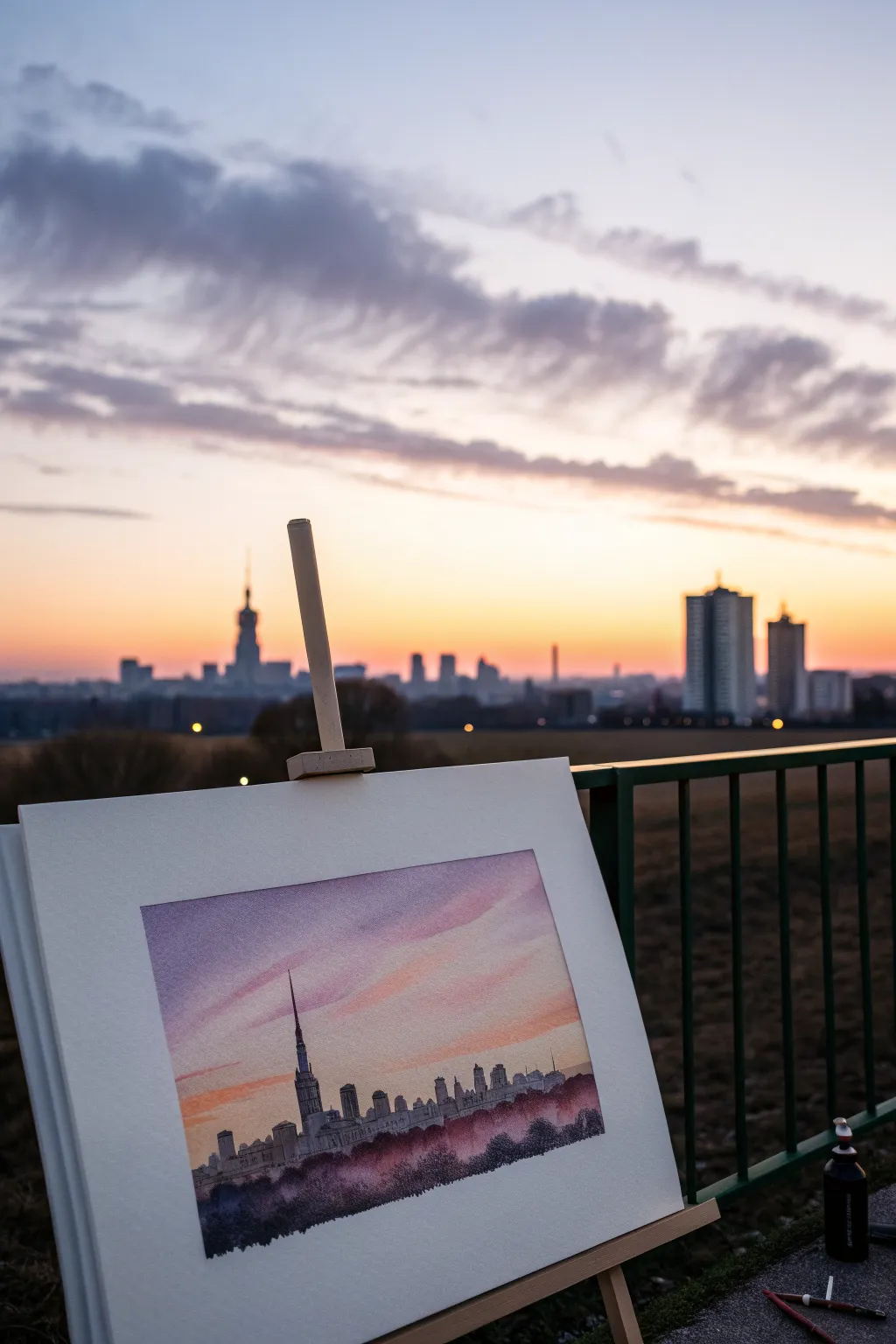 Easy airbrush idea: minimalist city skyline silhouette against a dreamy dusk gradient sky.