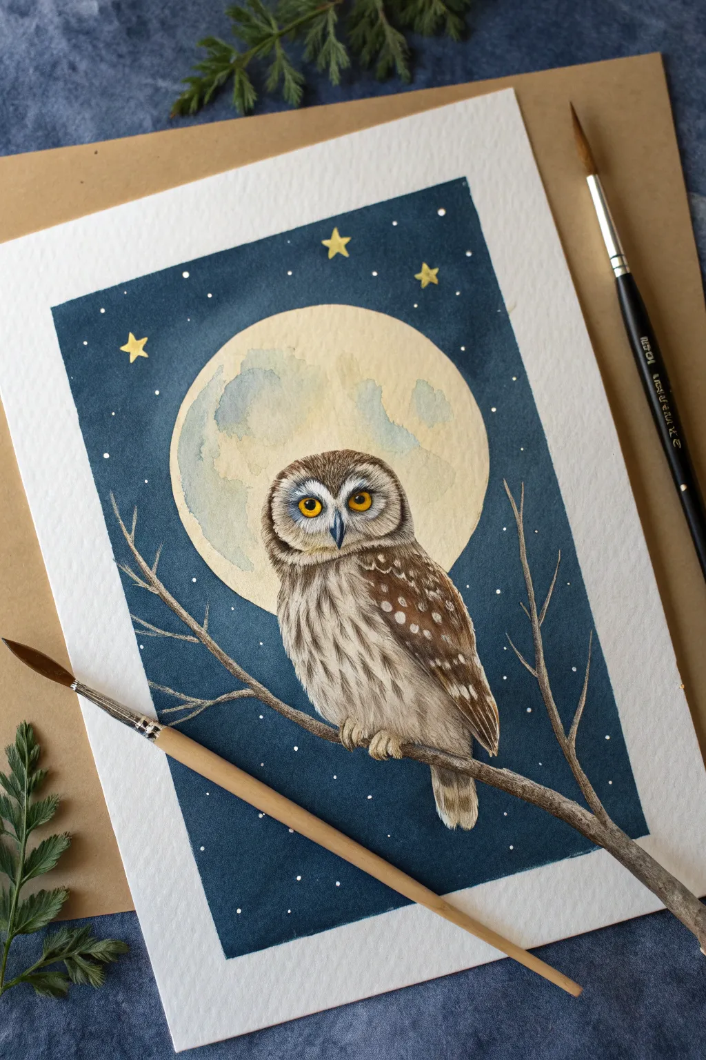 Moonlit owl on a branch in minimalist gouache style, high contrast and easy to recreate.