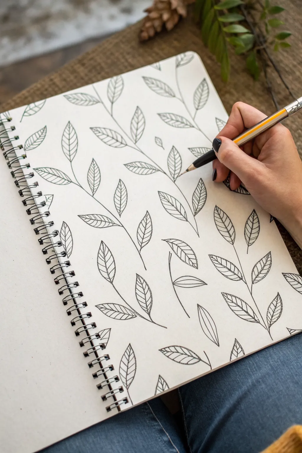 Leafy vine repeat background behind a simple figure, an easy minimalist pattern to practice.