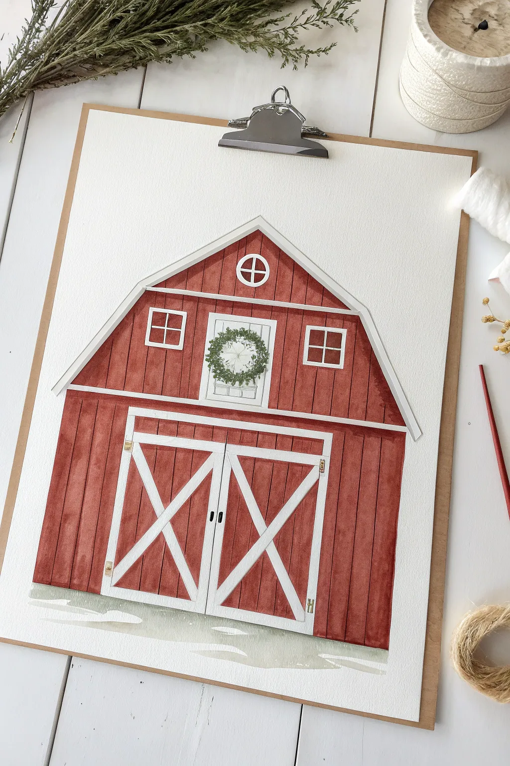 Cozy minimalist barn front with an easy green wreath and bow detail, perfect for beginners