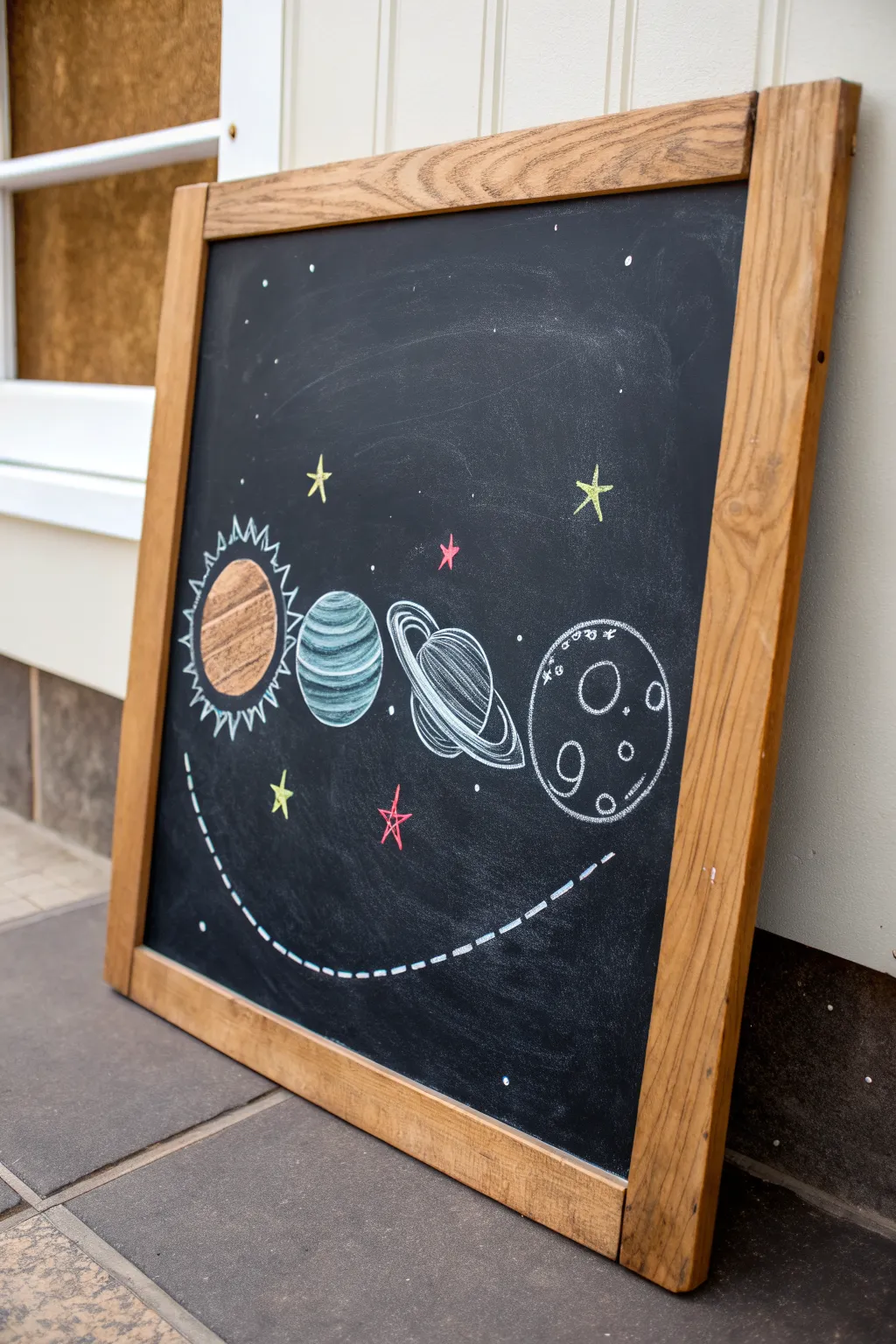 Beginner chalk art: a simple row of planets with highlights and tiny stars for easy depth