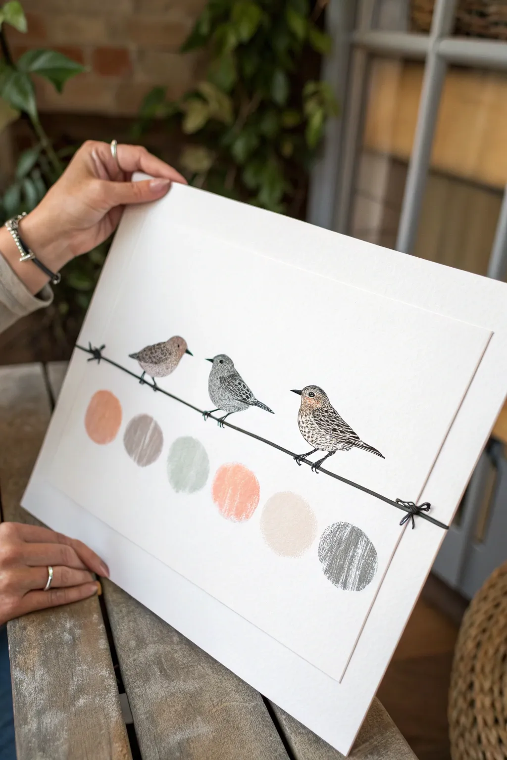 Minimal fingerprint birds on a single wire, a sweet and simple easy bird painting idea