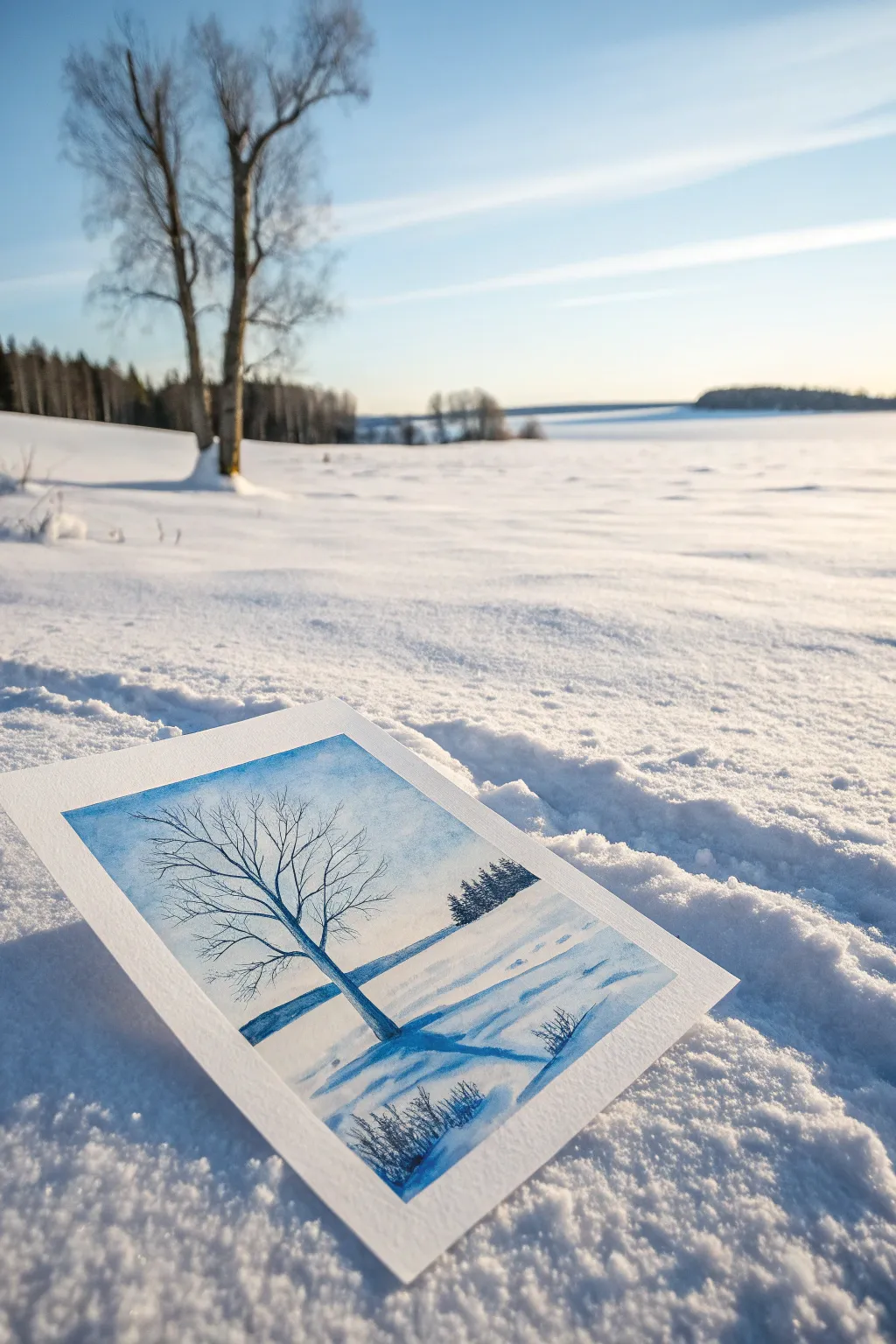 Minimal blue winter landscape: snowy ground and long blue shadows, easy and calming to paint