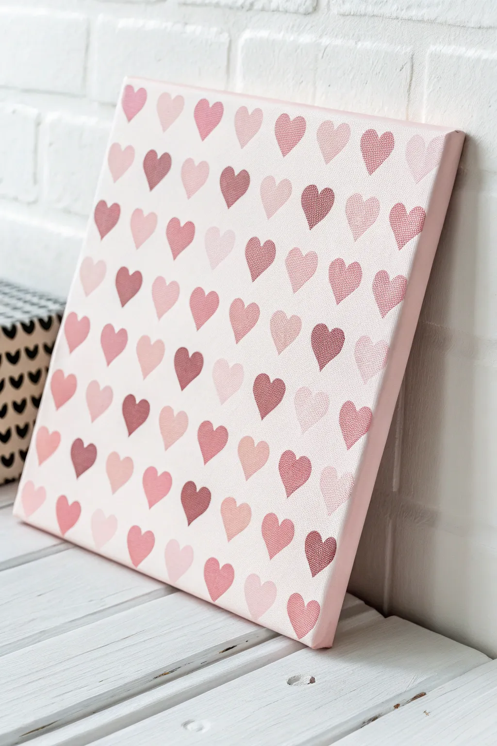 Tiny pink-on-pink hearts in a clean grid, the sweetest minimalist canvas idea for beginners