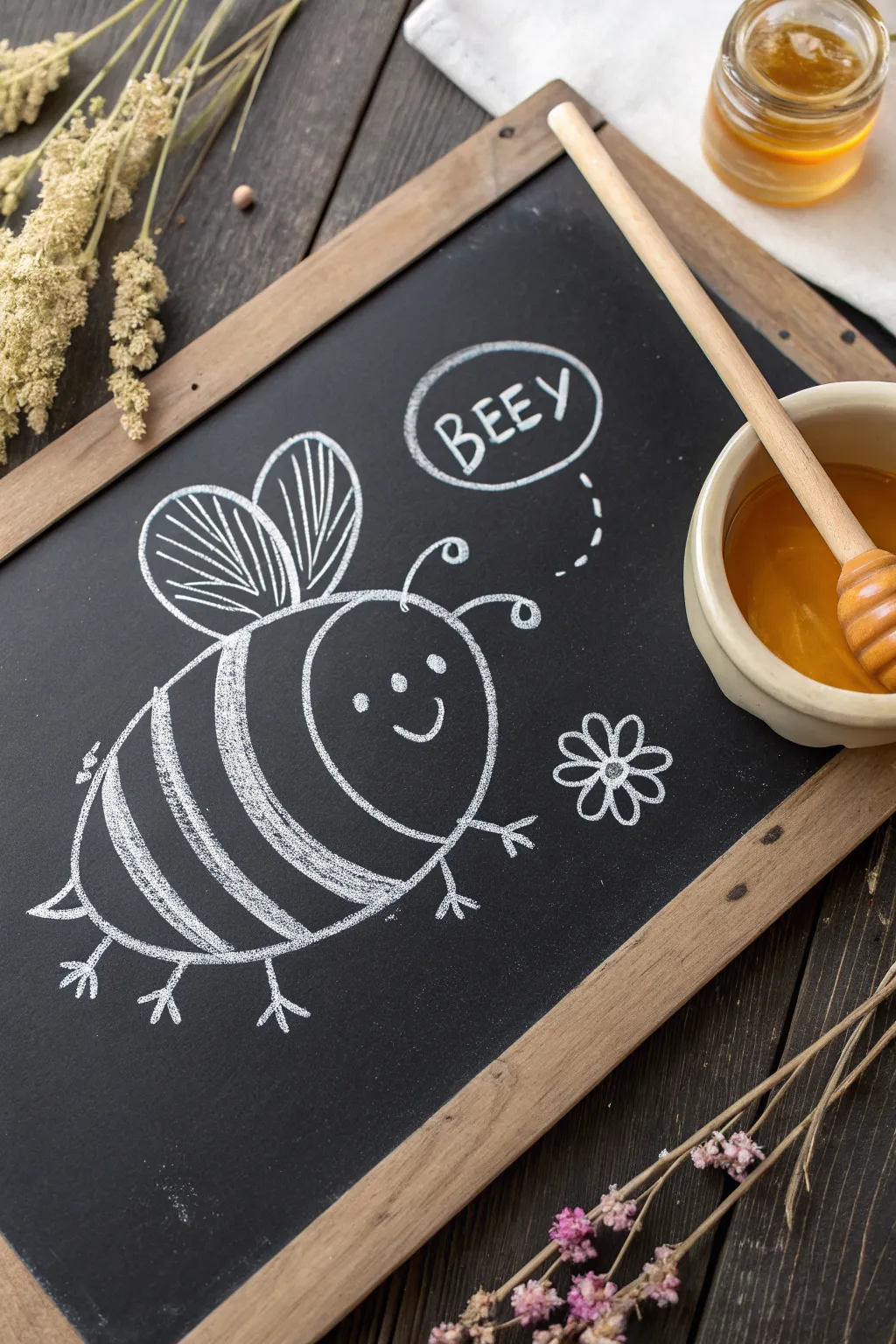 Draw a cute bee and friendly honey pot in simple chalk lines for an instant cartoon win