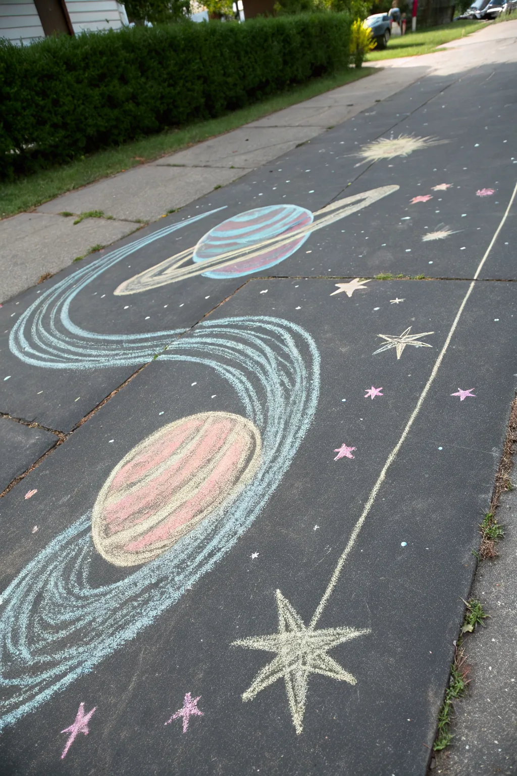 Easy chalk planets and a bold shooting star, minimal space scene kids can recreate.