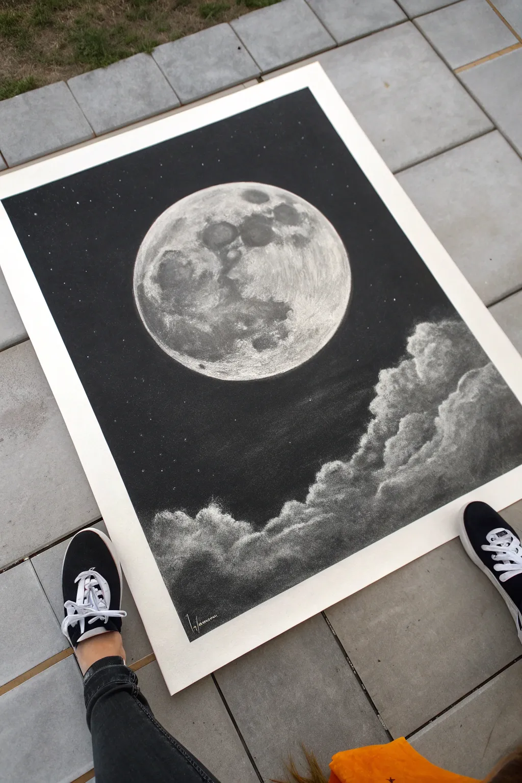 Big moon negative space charcoal scene, soft glow edge and simple clouds for dreamy contrast