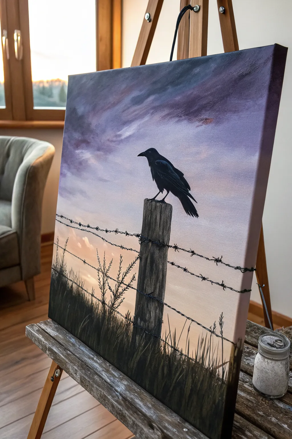 Minimal dusk raven silhouette on a rough post, an easy creepy acrylic painting idea