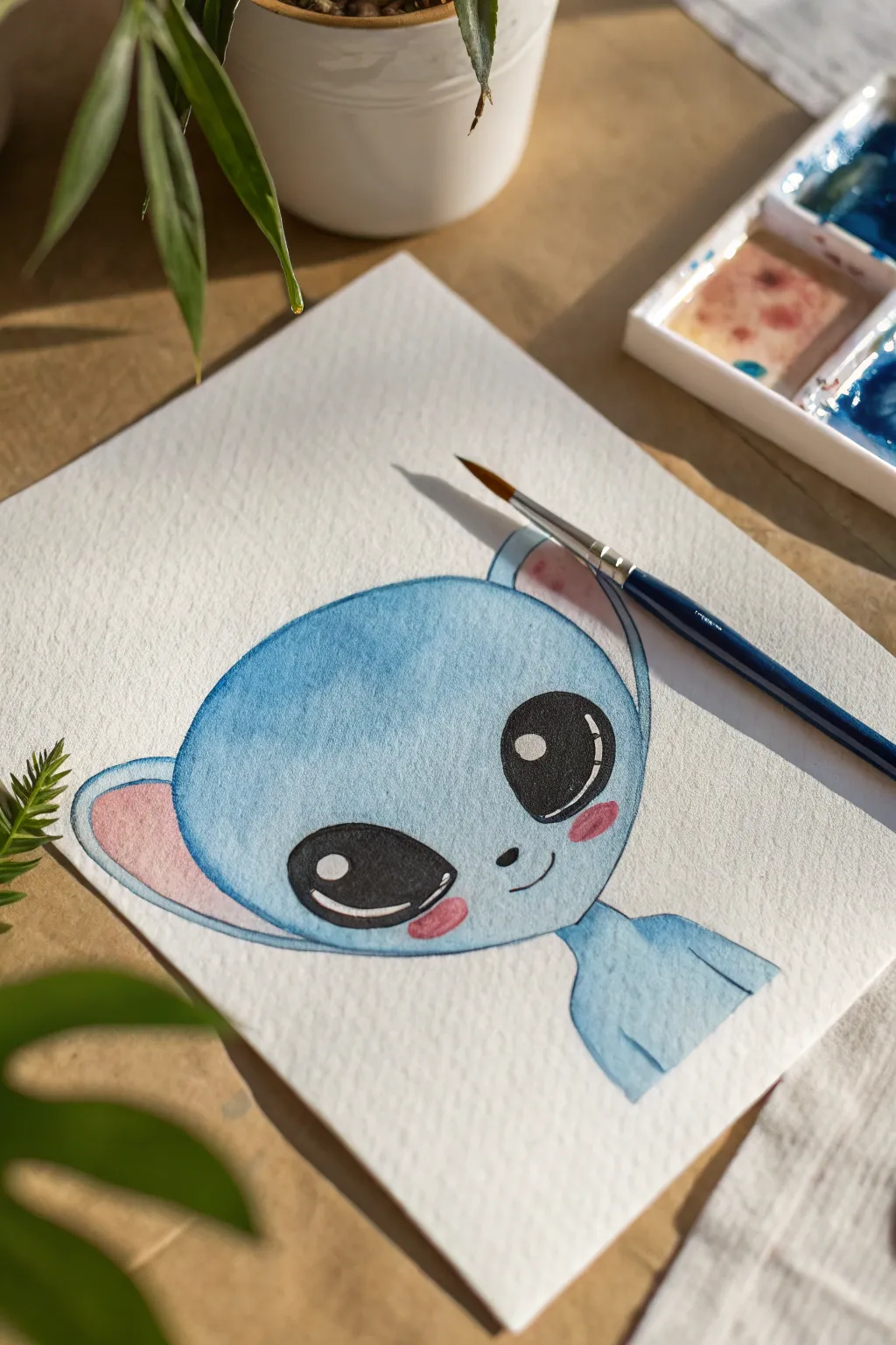 Minimal blue alien head-and-ears portrait with big eyes and blush, perfect for easy cute painting