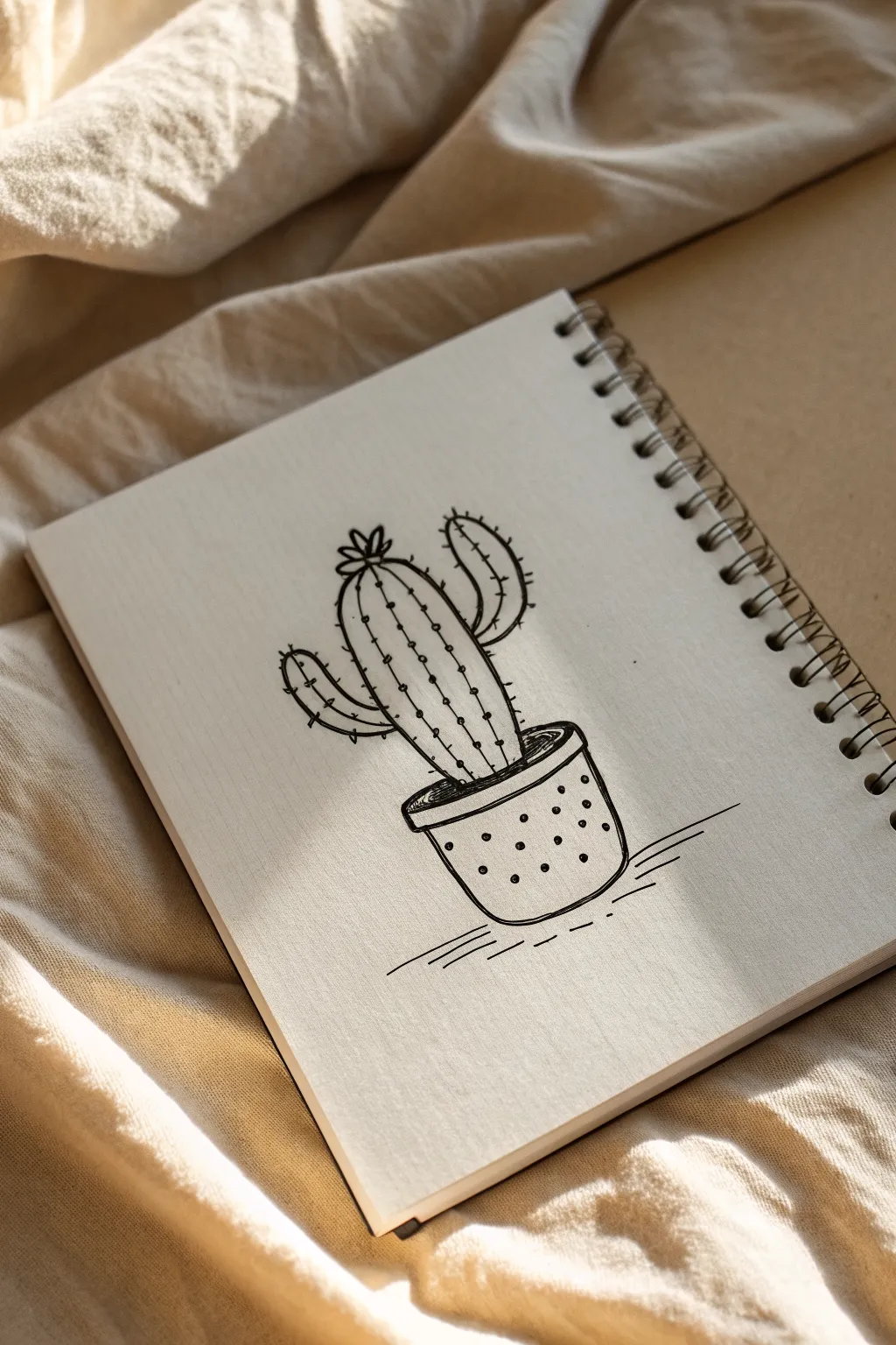 Minimal cactus-in-a-pot line drawing idea, perfect for easy doodles with a cozy boho feel.