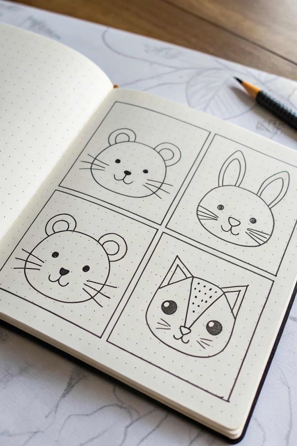 Minimalist animal face doodles in a clean grid, perfect for easy doodle art practice.