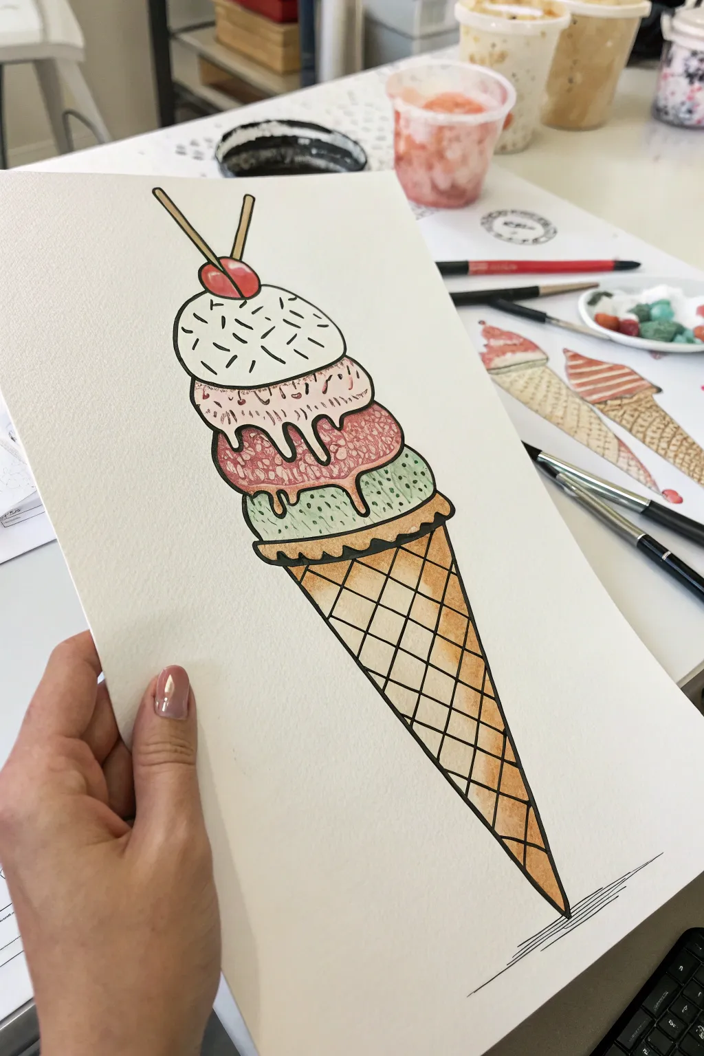 Draw a stacked ice cream cone with sprinkles, simple patterns, bold outlines, and clean drip highlights.