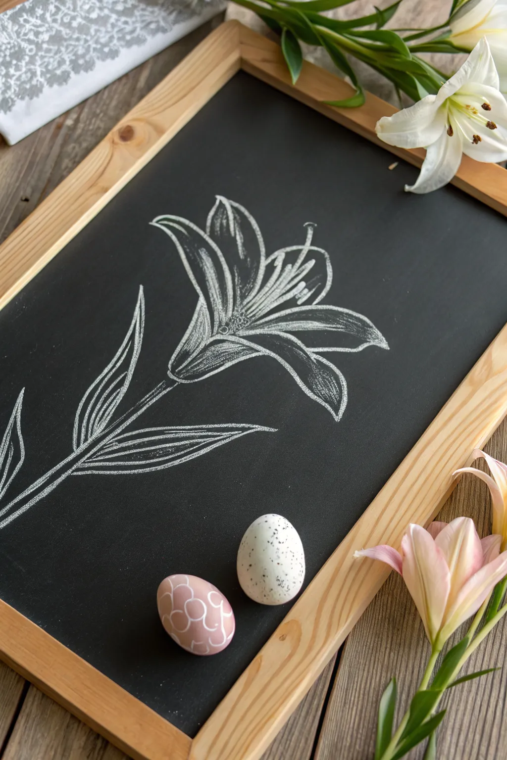 Quick chalk Easter lily with one patterned egg for calm, minimalist spring art in minutes
