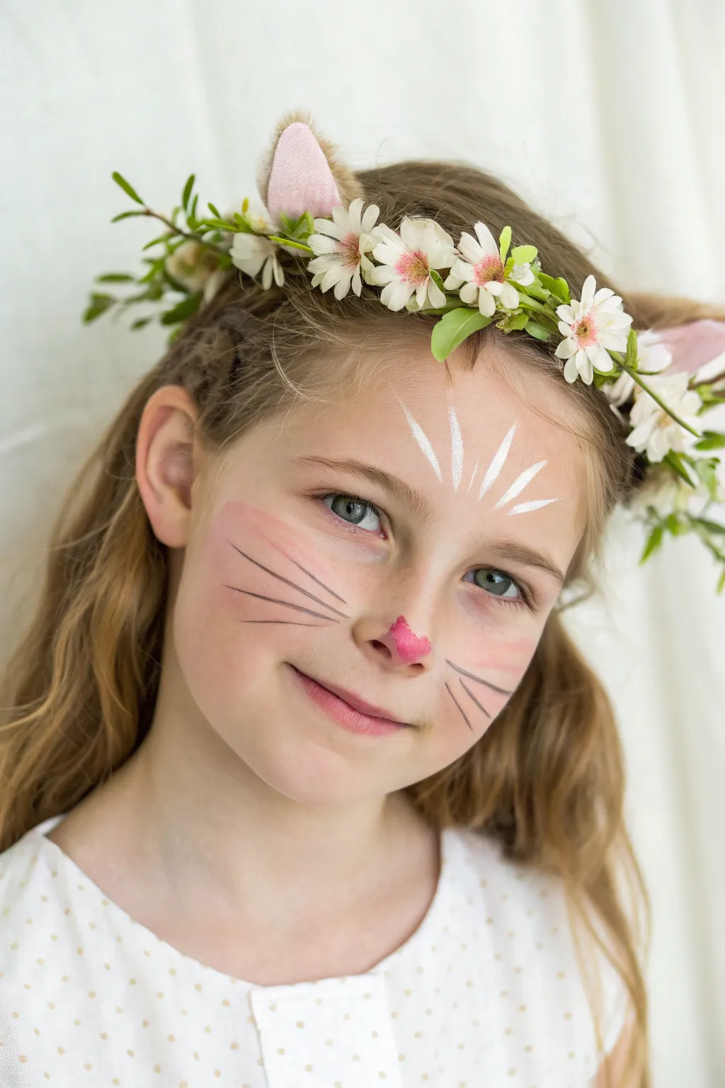 Sweet bunny nose with delicate whiskers and a tiny spring flower crown, simple to paint