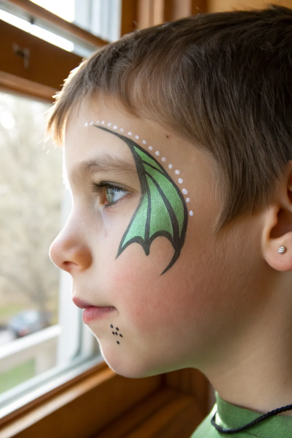 Simple dragon eye wing face paint: bold green-black sweep, tiny scales, and a bright highlight.