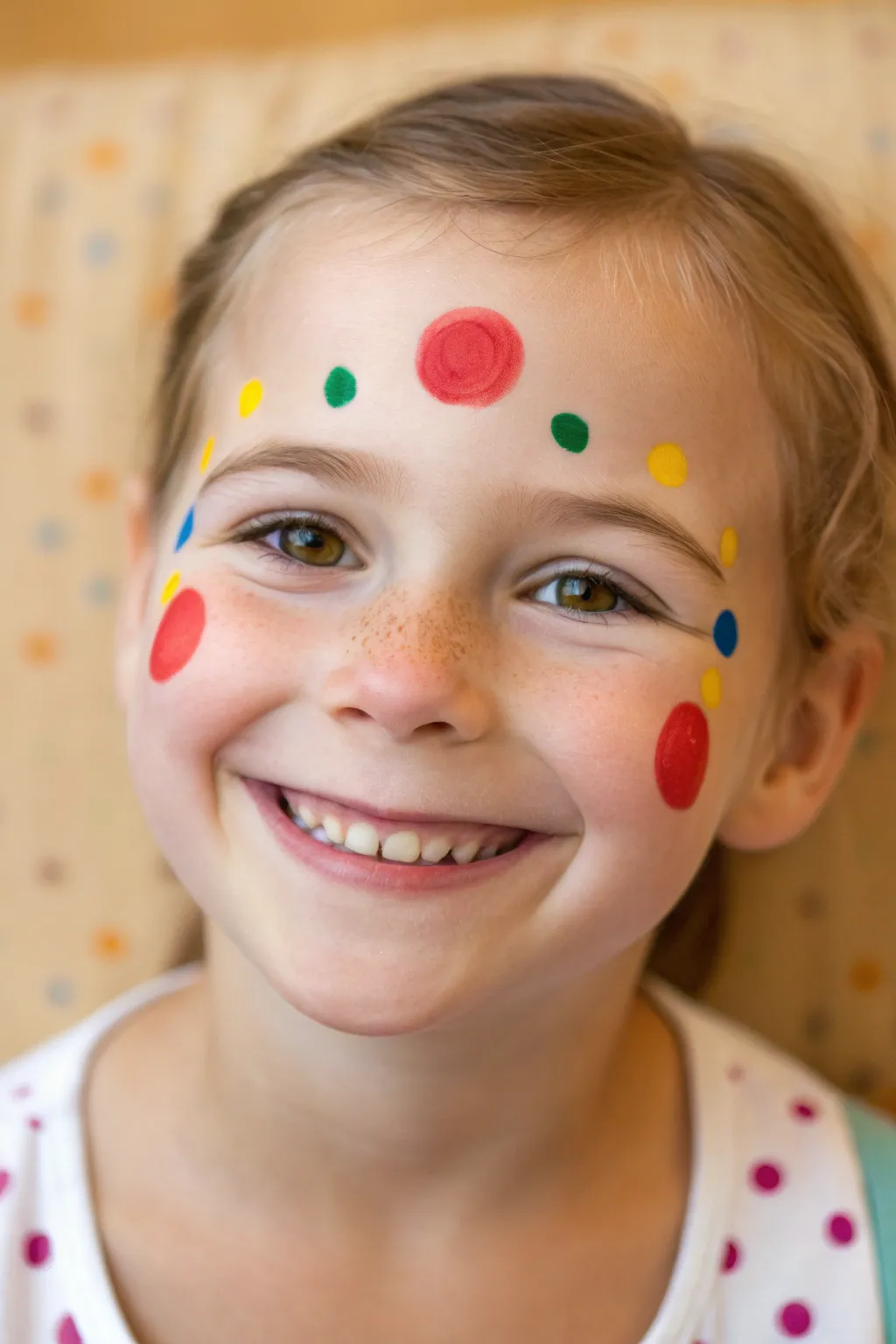 Happy clown cheeks with rosy circles and eyebrow dots, a bright and gentle kids face paint idea