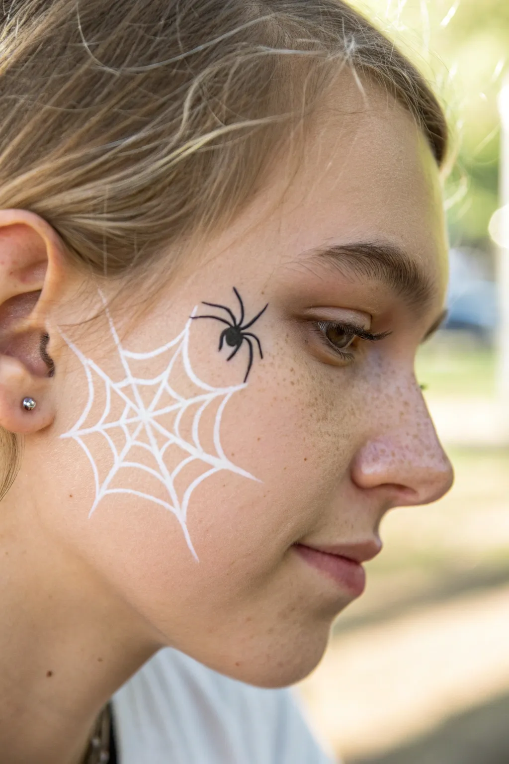 Mini spider and web corner cheek design, crisp lines and soft minimalist autumn vibes.