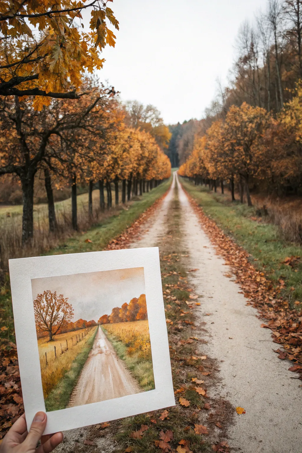 Easy fall painting: a golden path vanishing between warm trees, minimalist boho mood.