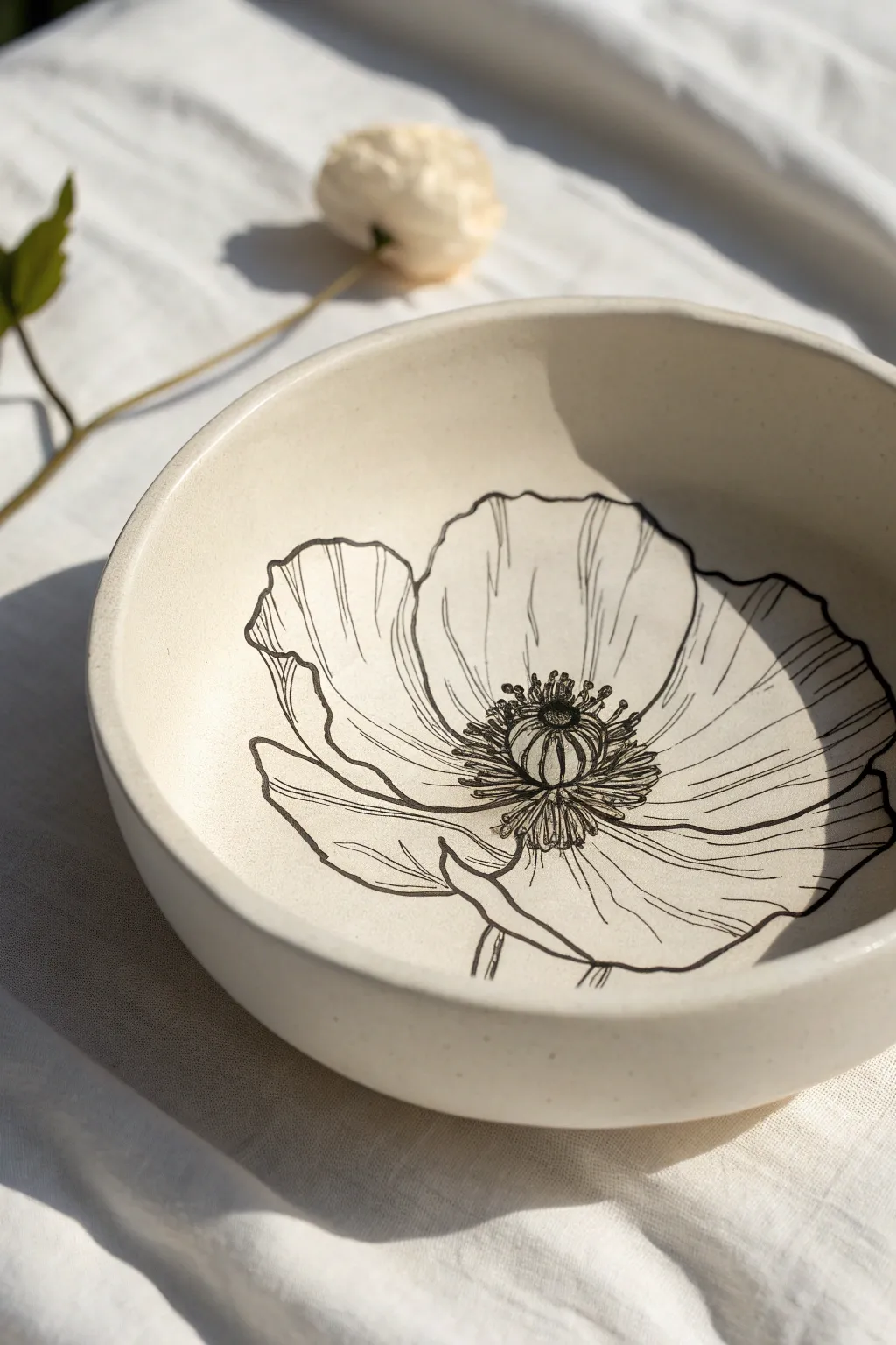 Easy poppy bowl bloom sketch with crinkly petals, minimalist Scandinavian line art inspiration