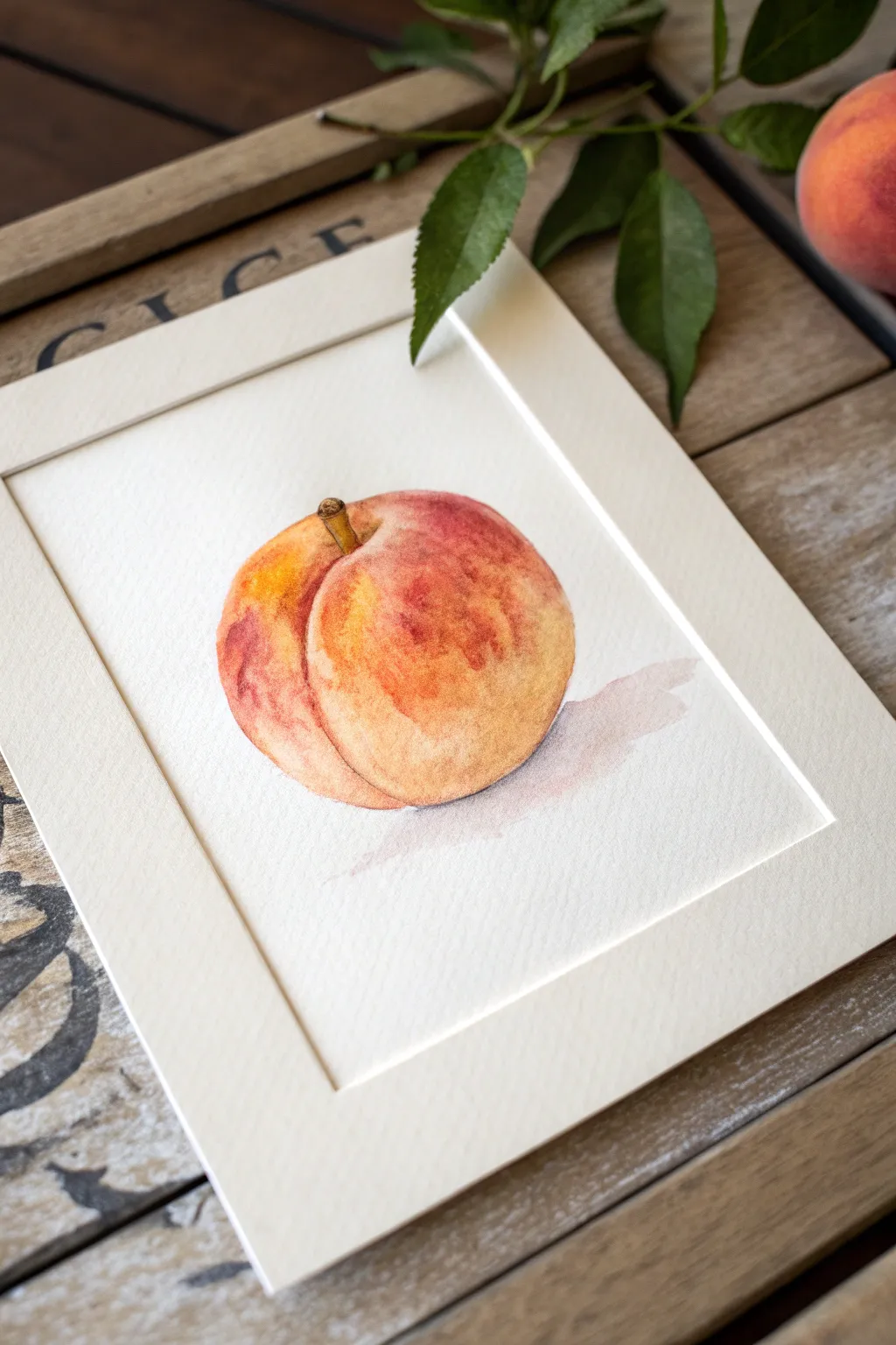 Paint a peach: warm orange and pink watercolor bleeds, one crease line, and a soft shadow.