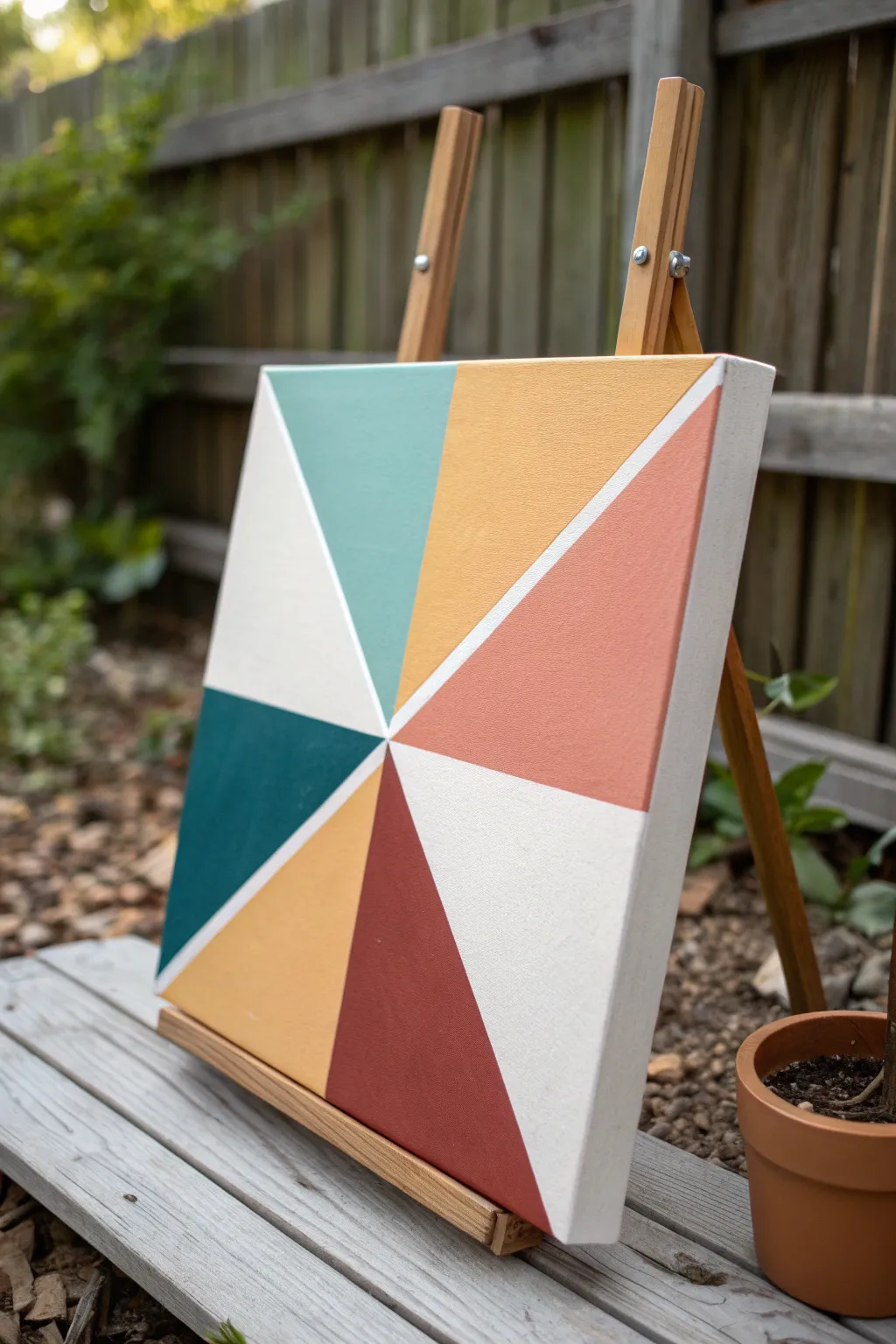 Satisfying tape-resist geometry with bold color blocks for an easy, modern canvas project.