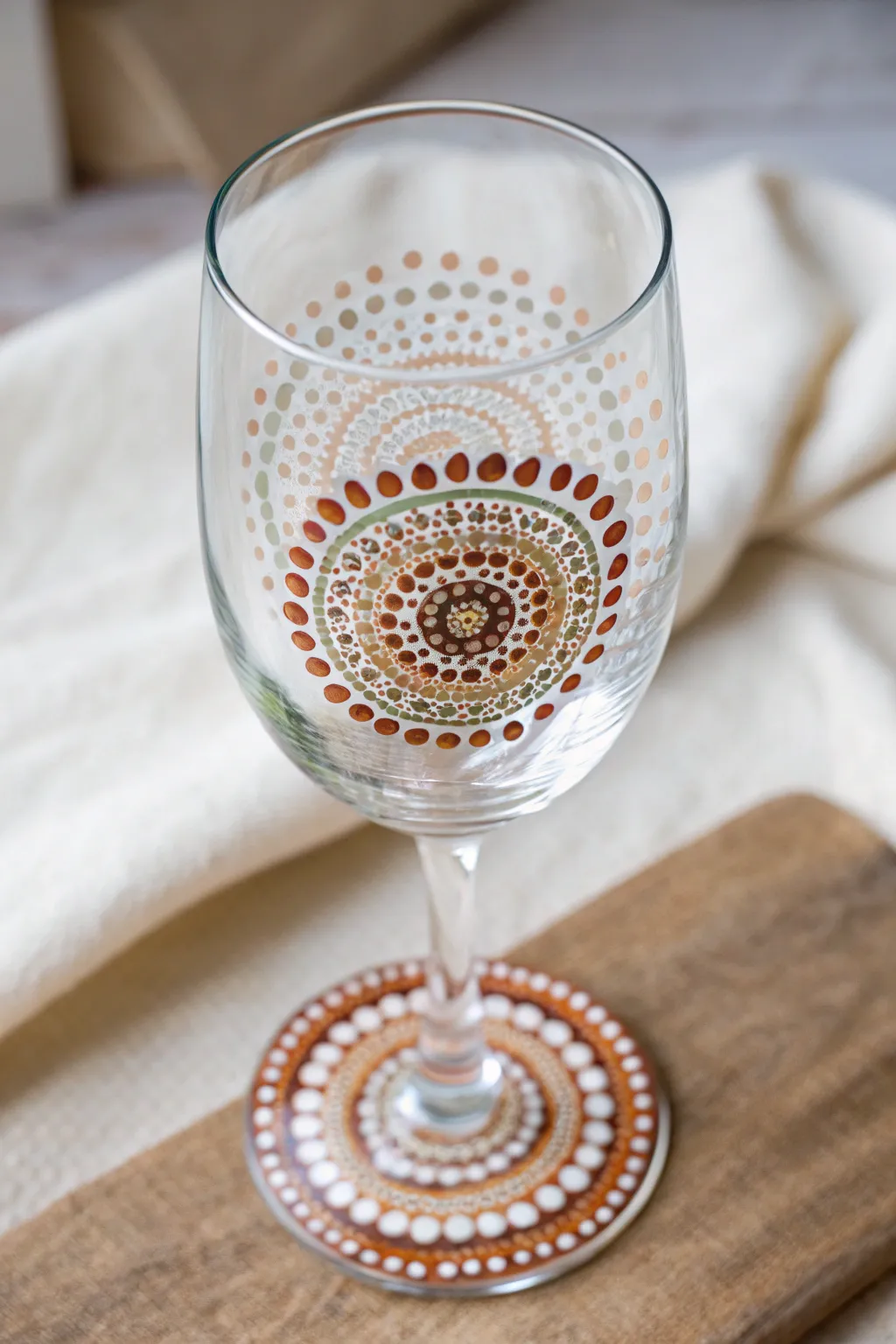 Minimalist mandala dot art on a glass base, crisp contrast and handcrafted boho calm