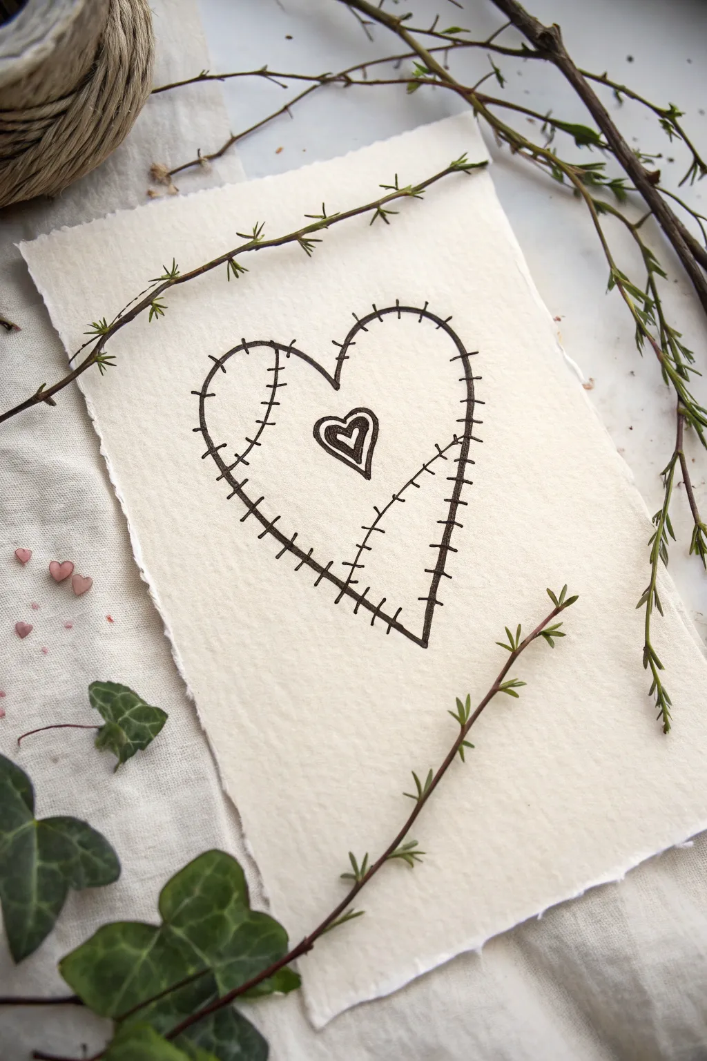 Stitched heart with thorny vine, bold ink lines and soft shadows for easy goth sketching