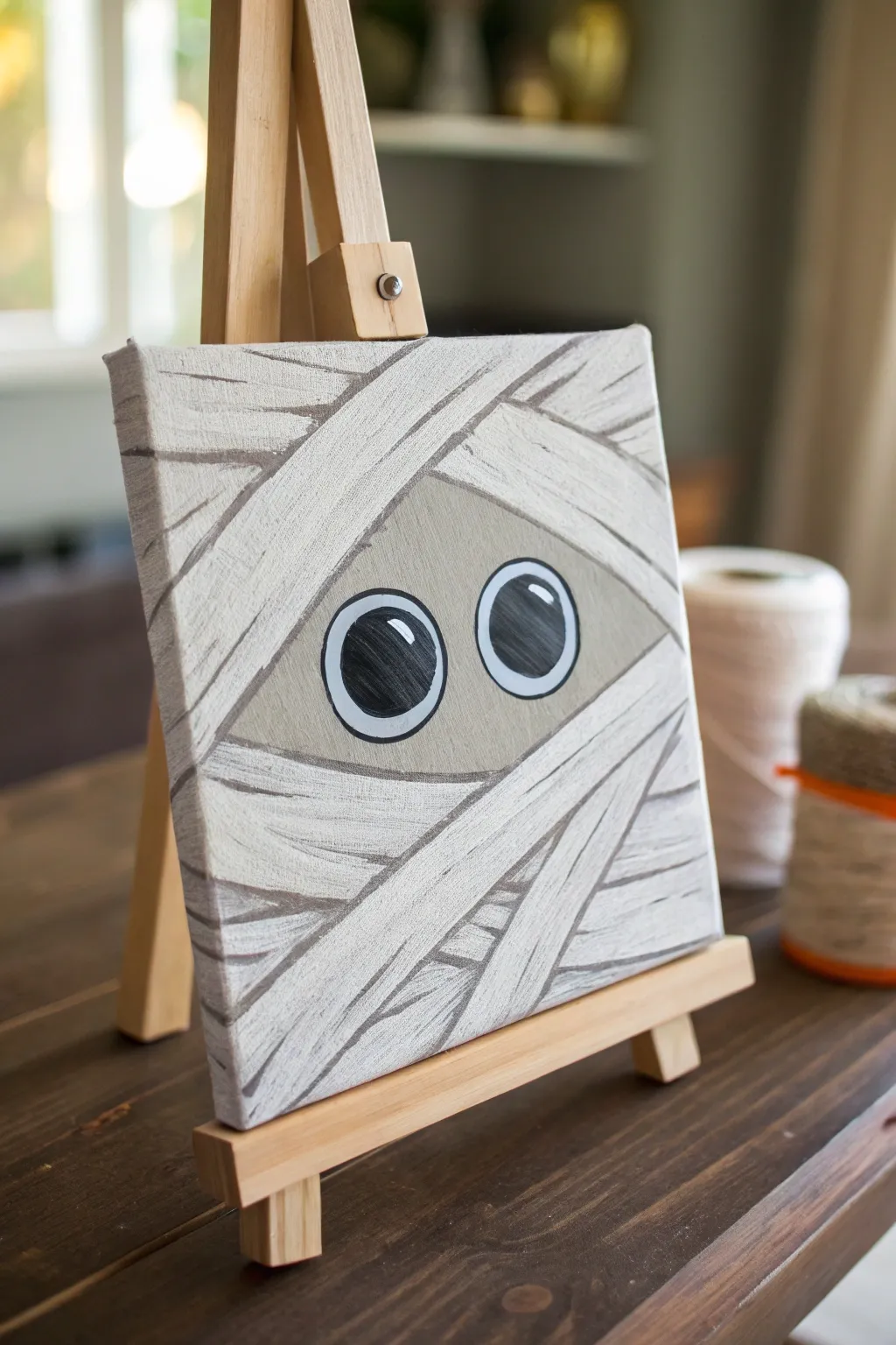 Big-eyed mummy wraps in soft gray brushstrokes on a dark background, a cute easy Halloween canvas idea.