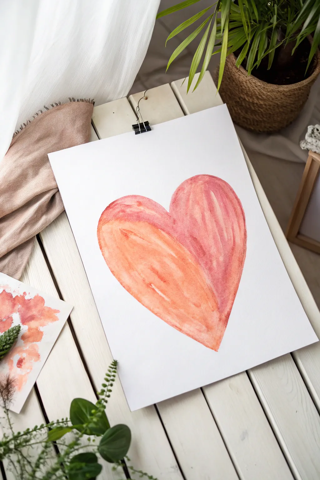 Clean pastel-resist heart with watercolor fill, close-up texture on bright white paper