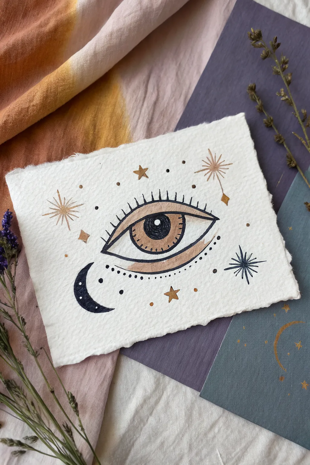 Minimal third eye in a simple cosmic sky palette, an easy hippie painting for calm boho vibes