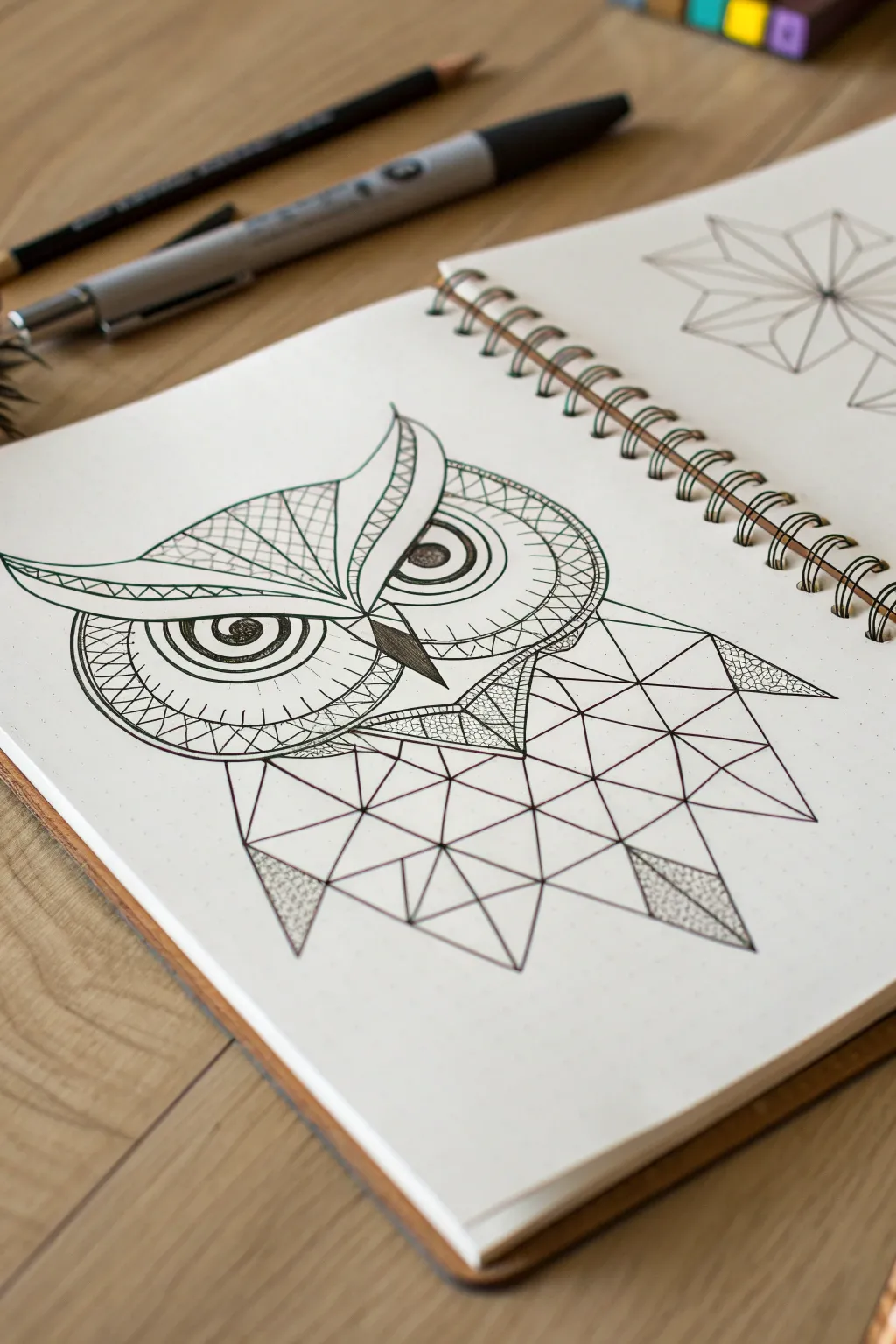 Geometric owl face sketch idea with bold symmetry, clean lines, and a modern minimalist vibe