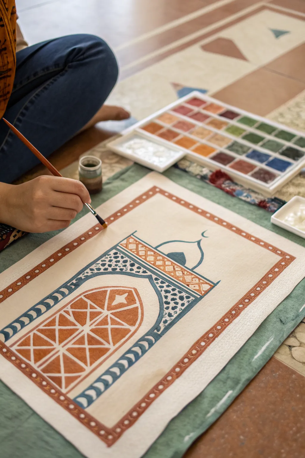 Prayer rug pattern block painting in modern boho tones, simple shapes and strong contrast