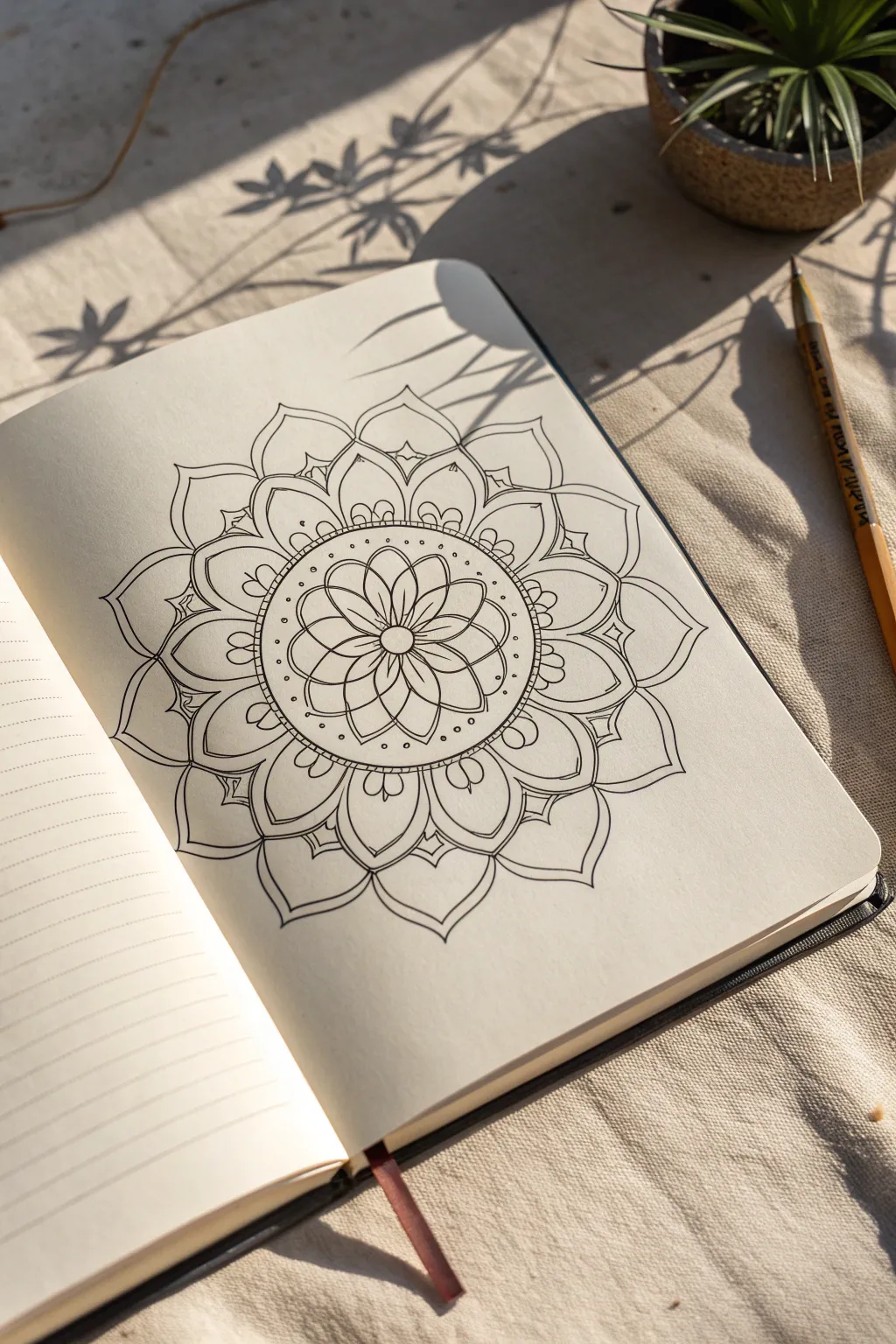 Tiny heart petal mandala drawing idea with airy spacing, simple lines, and a calm minimalist look.