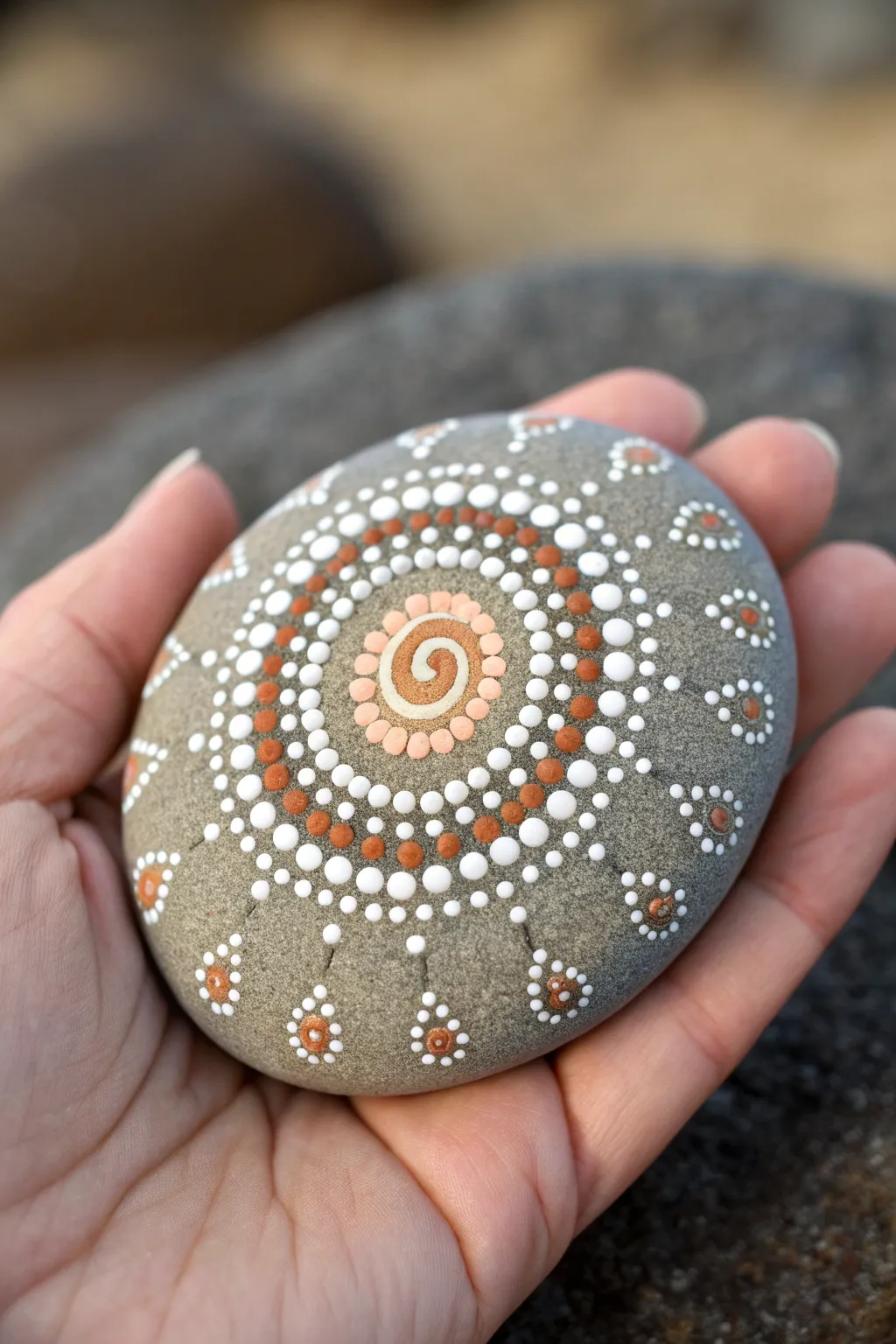 Easy spiral mandala dots on a small rock, calming to paint and perfect for beginners.