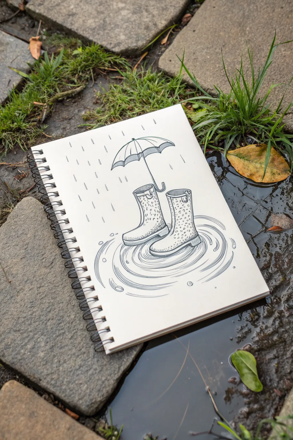 Chunky rain boots in a puddle with easy ripple lines, perfect for simple March sketching