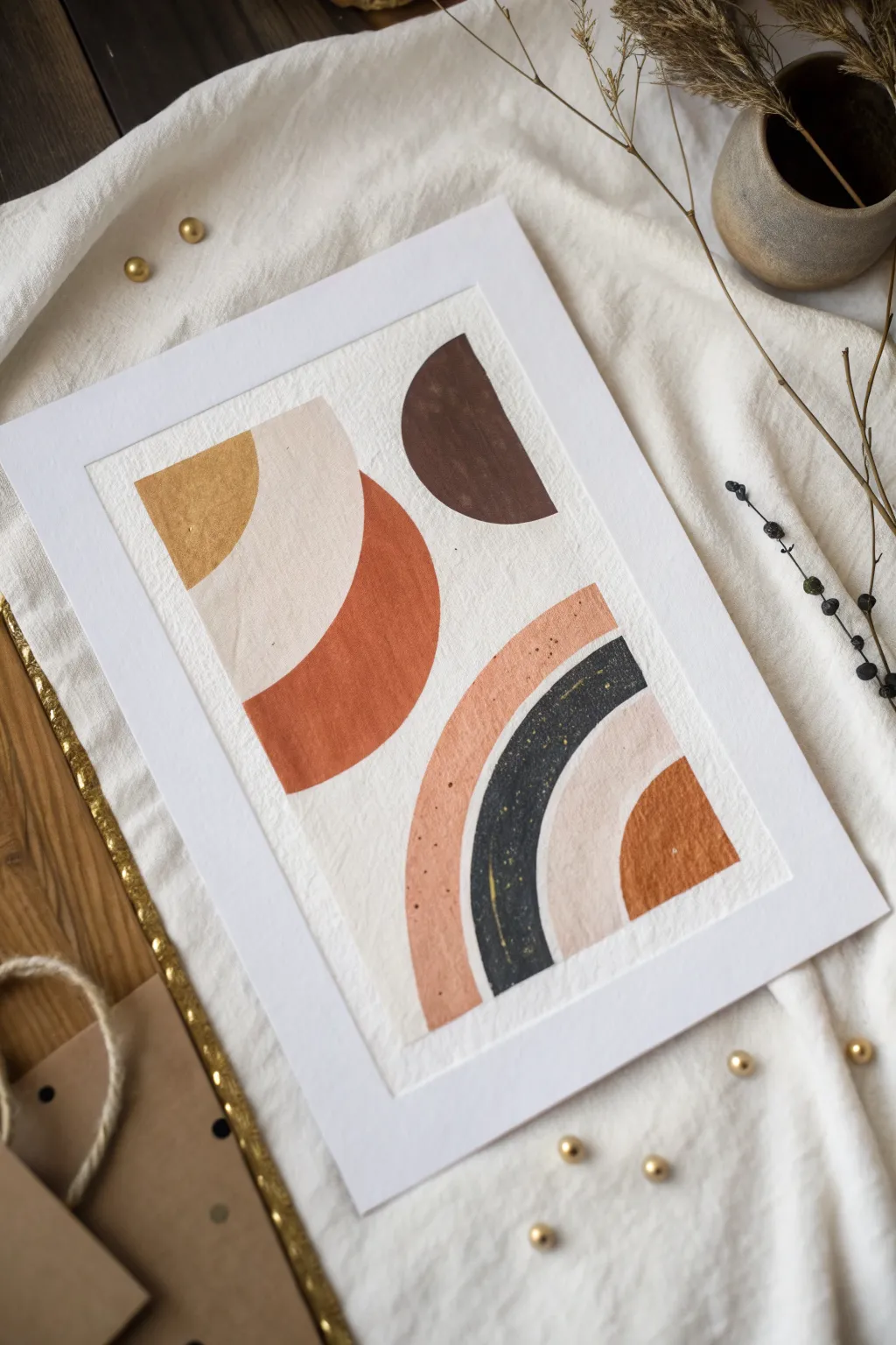 Matte abstract shapes with subtle gold accents, a simple modern art idea you can recreate.