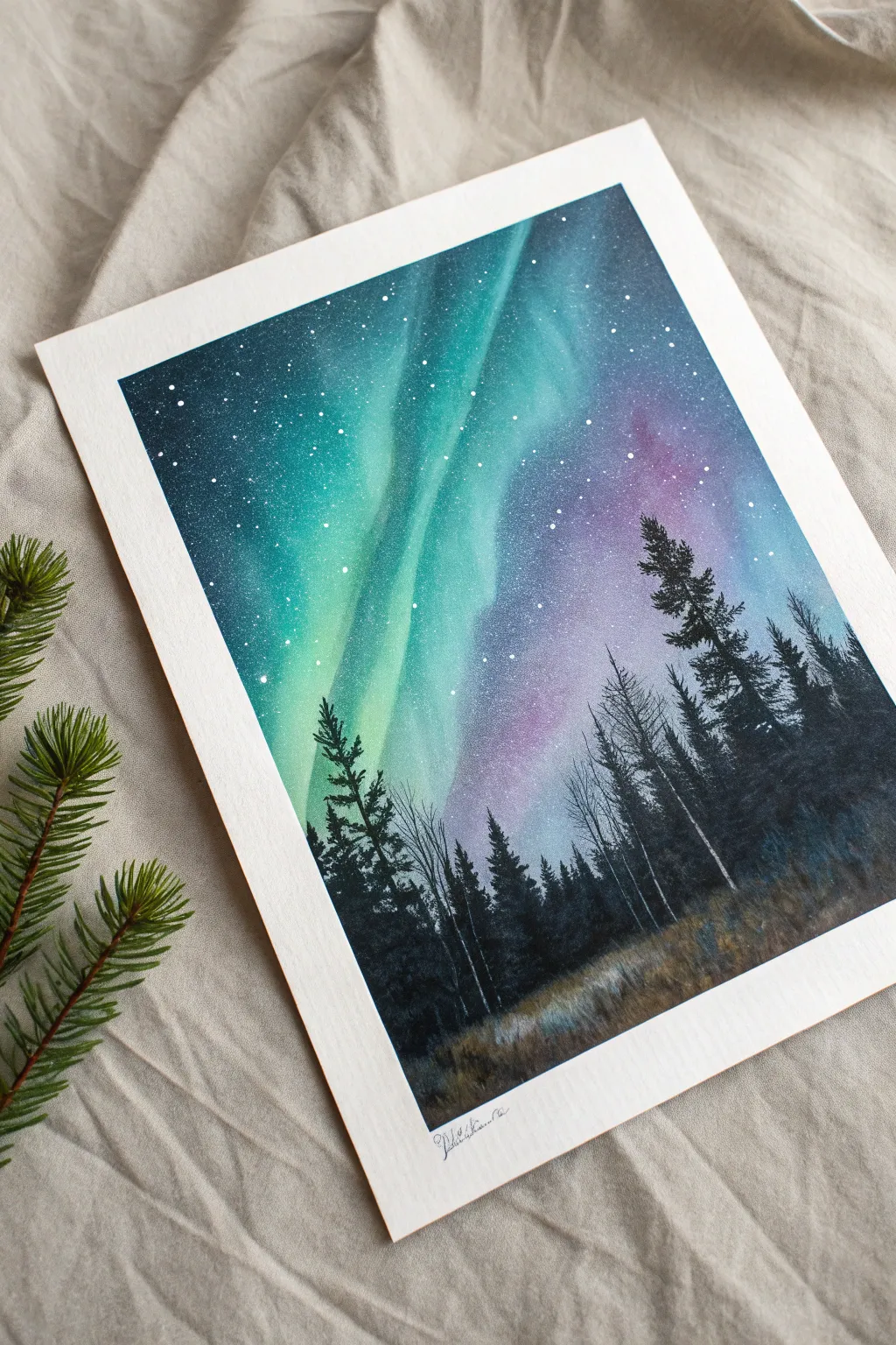 Salt-sparkled watercolor aurora with a simple black forest silhouette for easy northern lights art