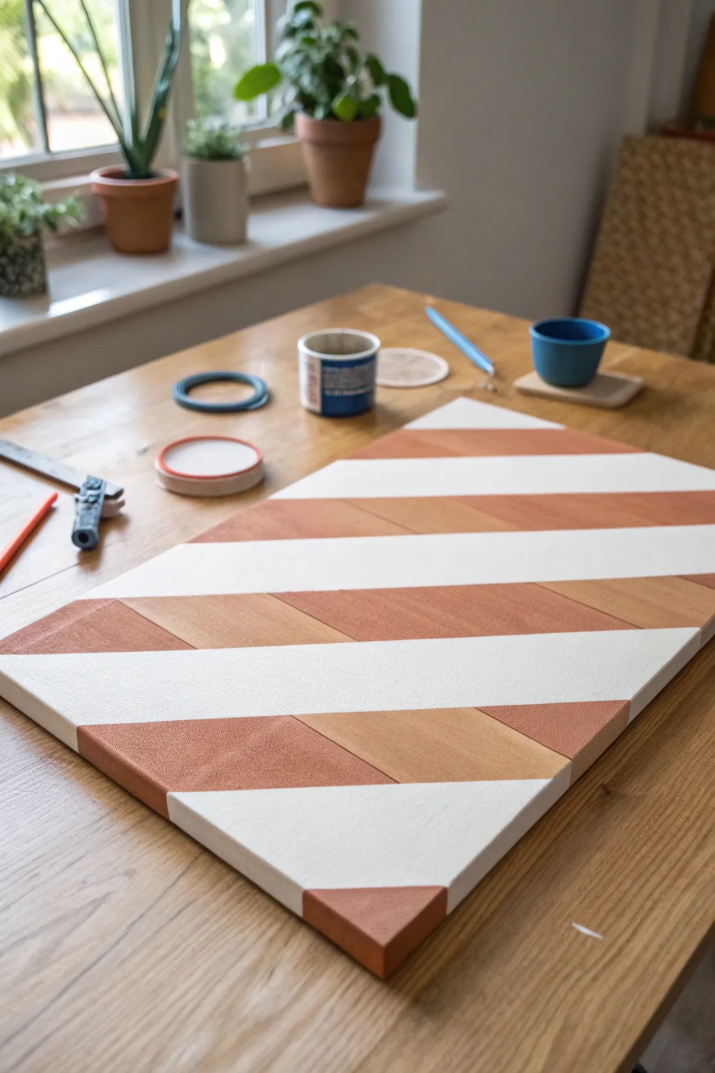 Two tone geometric tape off stripes with a crisp corner peel reveal, minimal and satisfying.