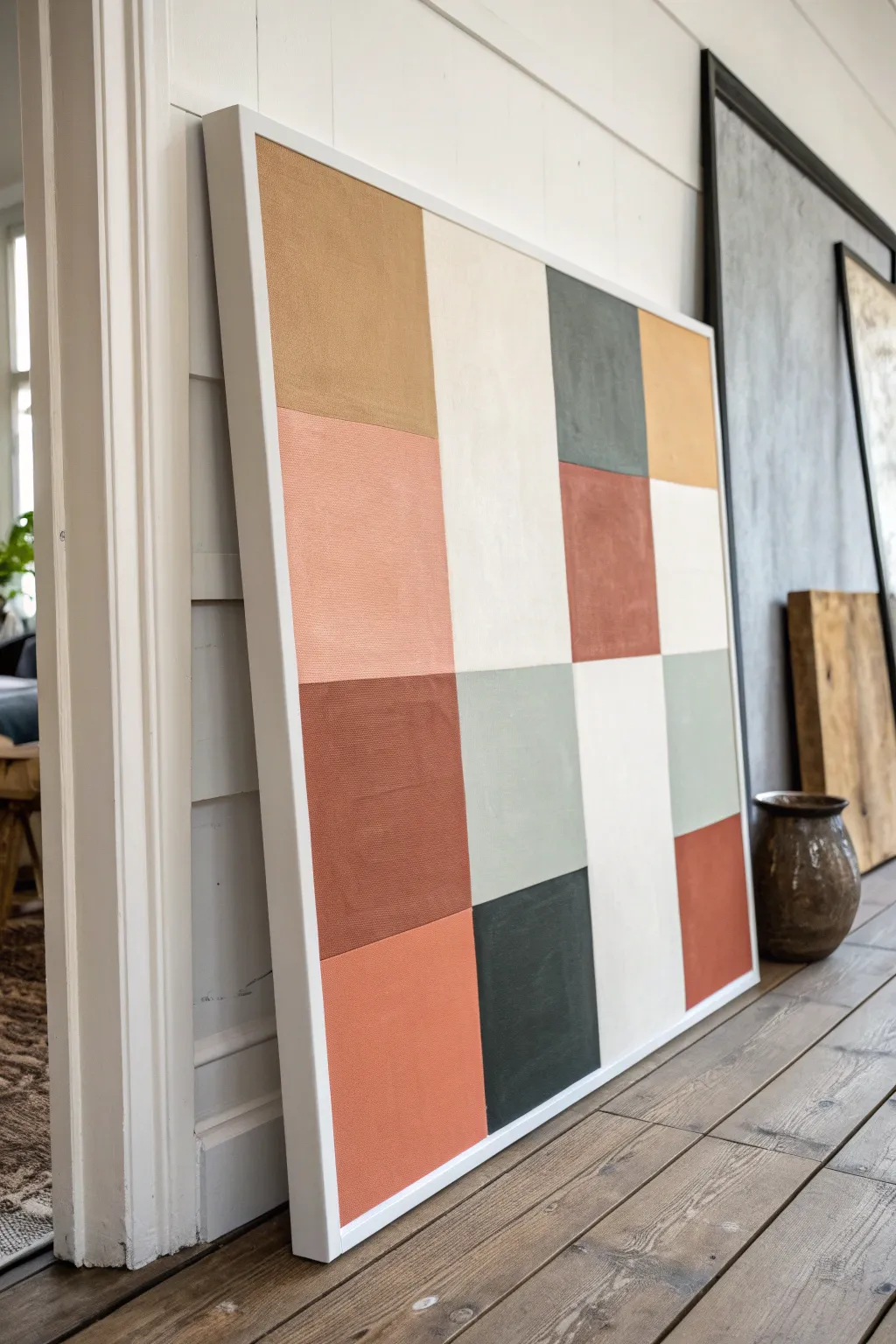 Abstract color blocks with crisp tape edges, a minimal boho palette perfect for adult painting.