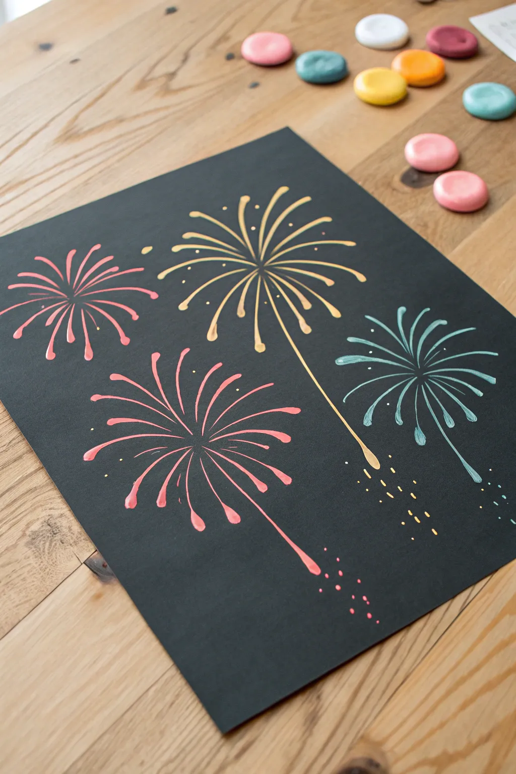 Straw blow paint fireworks on dark paper for an easy, kid-friendly painting activity