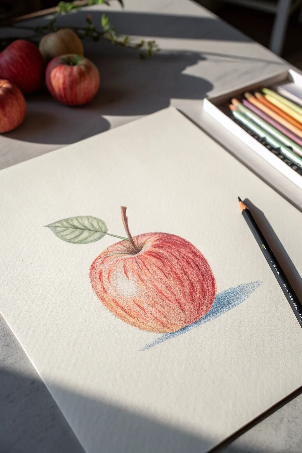 Classic pastel apple with a bold cool shadow, an easy contrast practice for beginner artists