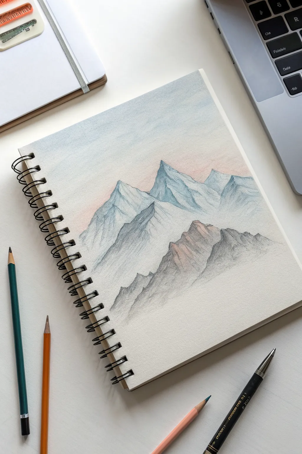 Misty layered mountains in soft colored pencil, ideal for practicing subtle pressure gradients.