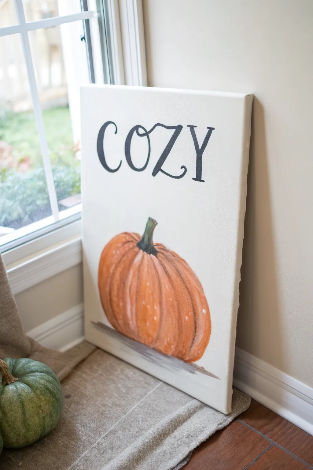Minimalist pumpkin canvas with bold hand lettering, a cozy Scandinavian boho fall painting idea